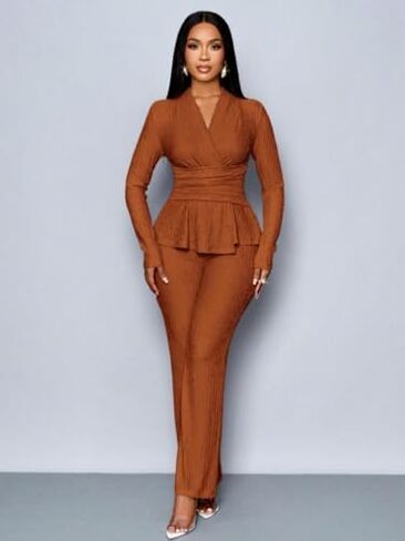 Women's Two-Piece Set V-Neck Long Sleeve Peplum Top Wide Leg Pants Elegant Office Wear in Kuwait