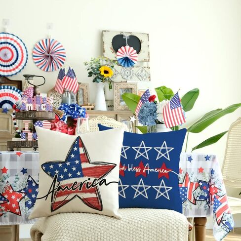 GEEORY 4th of July Pillow Covers 18x18 4-Pack Stars Stripes Patriotic Decor | America Flag Stars and Stripes, God Bless America, Memorial Day Decor, Cushion Case, Sofa in Saudi Arabia
