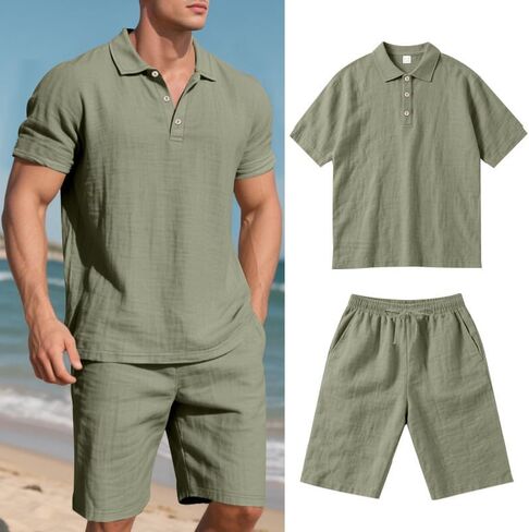 Men's 2 Piece Linen Solid Polo Shirt and Shorts Set with Drawstring Waist Perfect for Casual and Vacation Looks in Kuwait