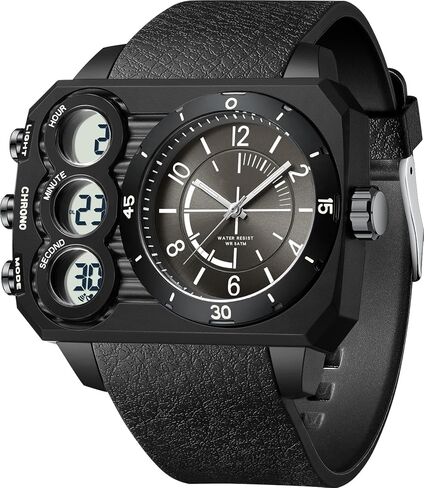 findtime Men's Big Face Watch Unique Digital Analog Watches Dual Time Zone Sport Outdoor Cool Square Large Wristwatch Alarm Stopwatch Countdown Led Luminous Relojes para Hombres in Kuwait