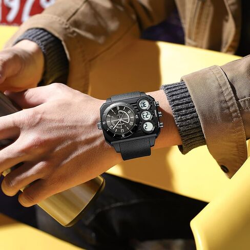 findtime Men's Big Face Watch Unique Digital Analog Watches Dual Time Zone Sport Outdoor Cool Square Large Wristwatch Alarm Stopwatch Countdown Led Luminous Relojes para Hombres in Kuwait