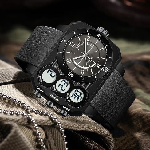findtime Men's Big Face Watch Unique Digital Analog Watches Dual Time Zone Sport Outdoor Cool Square Large Wristwatch Alarm Stopwatch Countdown Led Luminous Relojes para Hombres in Kuwait