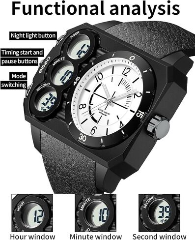 findtime Men's Big Face Watch Unique Digital Analog Watches Dual Time Zone Sport Outdoor Cool Square Large Wristwatch Alarm Stopwatch Countdown Led Luminous Relojes para Hombres in Kuwait