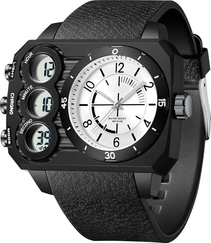 findtime Men's Big Face Watch Unique Digital Analog Watches Dual Time Zone Sport Outdoor Cool Square Large Wristwatch Alarm Stopwatch Countdown Led Luminous Relojes para Hombres in Kuwait