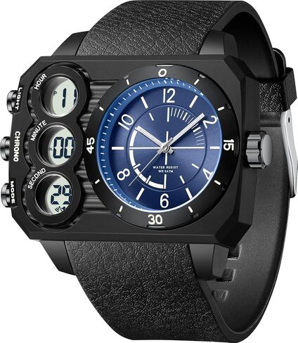 findtime Men's Big Face Watch Unique Digital Analog Watches Dual Time Zone Sport Outdoor Cool Square Large Wristwatch Alarm Stopwatch Countdown Led Luminous Relojes para Hombres in Kuwait