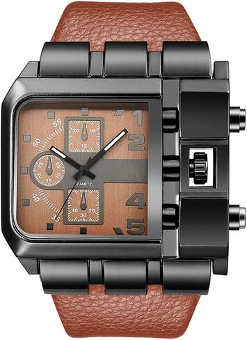 Reginald Hip hop 53MM Men's Large Face Watch for Men Square Novel Face Dial Stainless Steel Quartz Leather Strap Watches (red) in Saudi Arabia