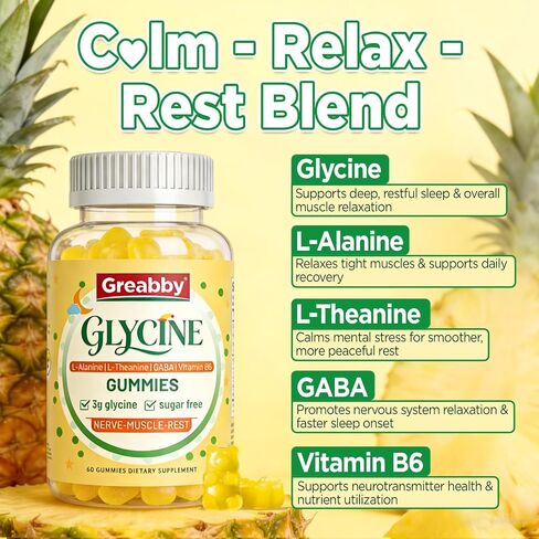 Glycine Supplements, Glycine 3g Gummies, Alanine 1000 mg for Muscle Sleep, Plus L Theanine, GABA, Vitamin B6, High Absorption for Adults Sleep, Sugar Free Pineapple Flavor, 60 Gummies in Saudi Arabia
