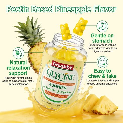 Glycine Supplements, Glycine 3g Gummies, Alanine 1000 mg for Muscle Sleep, Plus L Theanine, GABA, Vitamin B6, High Absorption for Adults Sleep, Sugar Free Pineapple Flavor, 60 Gummies in Saudi Arabia