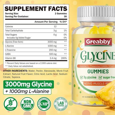 Glycine Supplements, Glycine 3g Gummies, Alanine 1000 mg for Muscle Sleep, Plus L Theanine, GABA, Vitamin B6, High Absorption for Adults Sleep, Sugar Free Pineapple Flavor, 60 Gummies in Saudi Arabia