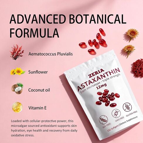 ZERIA Astaxanthin 12mg, 150 Softgels - Natural Microalgae Antioxidant for Eye, Skin & Immune Support, 4-Month Supply(1pcs) in Saudi Arabia