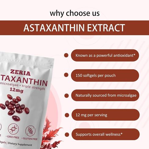 ZERIA Astaxanthin 12mg, 150 Softgels - Natural Microalgae Antioxidant for Eye, Skin & Immune Support, 4-Month Supply(1pcs) in Saudi Arabia