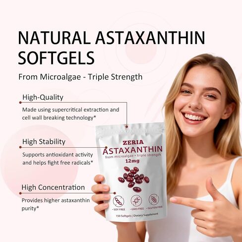 ZERIA Astaxanthin 12mg, 150 Softgels - Natural Microalgae Antioxidant for Eye, Skin & Immune Support, 4-Month Supply(1pcs) in Saudi Arabia