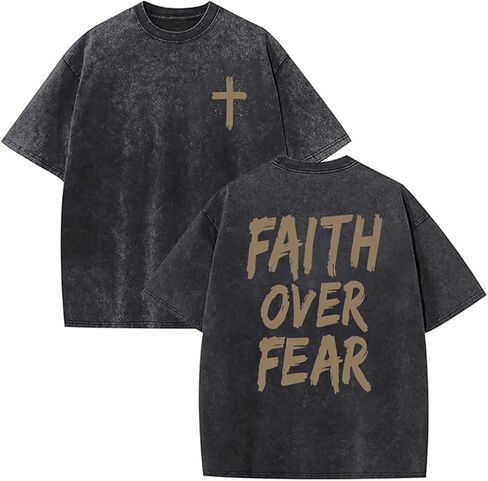 Faith Over Fear Shirt for Men Oversized Christian Tshirts Vintage Jesus Graphic Tee Acid Wash Inspiration Tops in Saudi Arabia