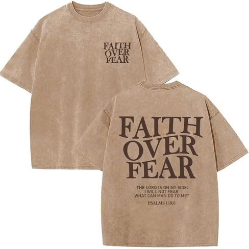 قميص Faith Over Fear للرجال تيشيرتات مسيحية كبيرة الحجم برسومات يسوع القديمة تي شيرت ملهم بغسل حمضي in Kuwait