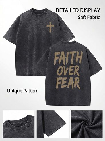 قميص Faith Over Fear للرجال تيشيرتات مسيحية كبيرة الحجم برسومات يسوع القديمة تي شيرت ملهم بغسل حمضي in Kuwait