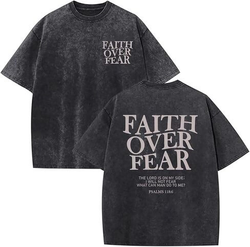 قميص Faith Over Fear للرجال تيشيرتات مسيحية كبيرة الحجم برسومات يسوع القديمة تي شيرت ملهم بغسل حمضي in Kuwait