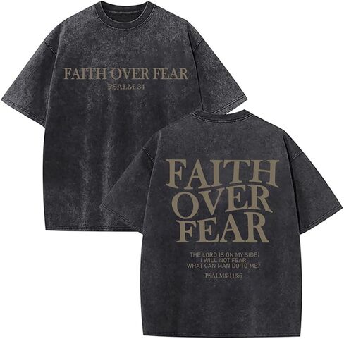 قميص Faith Over Fear للرجال تيشيرتات مسيحية كبيرة الحجم برسومات يسوع القديمة تي شيرت ملهم بغسل حمضي in Kuwait
