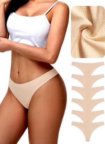 HONENNA Seamless Underwear for Women, No Show Mesh Thongs Breathable Panties, Laser Cut Comfortable Low Rise Thong,6-Pack in Kuwait
