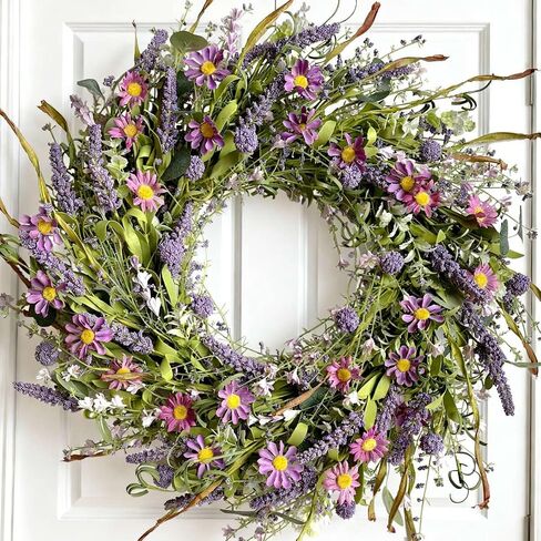 Egolot 24 Inch Spring and Everyday Greenery Wild Flower Wreath for Front Door, Mixed Green Leaves and Flower Wreath for Indoor and Outdoor Use, Everyday Flower Wreath for Home Decor in Kuwait