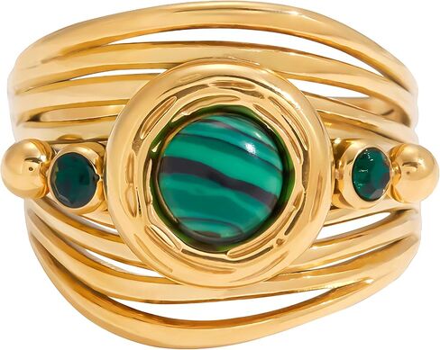 Natural Malachite Stone Ring for Women & Men, 18K Gold Plated Stainless Steel Vintage Chunky Ring, Green Gemstone Statement Jewelry in Saudi Arabia