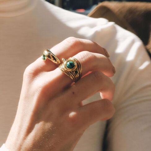 Natural Malachite Stone Ring for Women & Men, 18K Gold Plated Stainless Steel Vintage Chunky Ring, Green Gemstone Statement Jewelry in Saudi Arabia