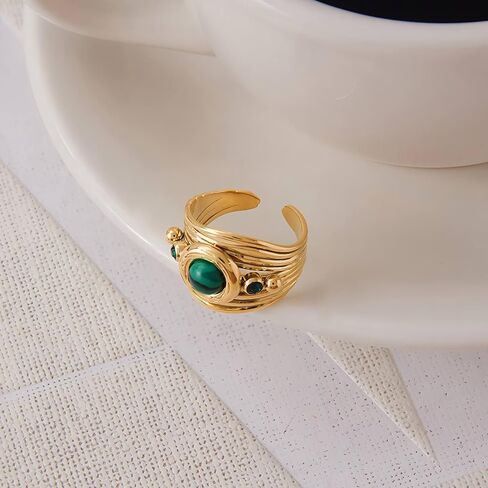 Natural Malachite Stone Ring for Women & Men, 18K Gold Plated Stainless Steel Vintage Chunky Ring, Green Gemstone Statement Jewelry in Saudi Arabia