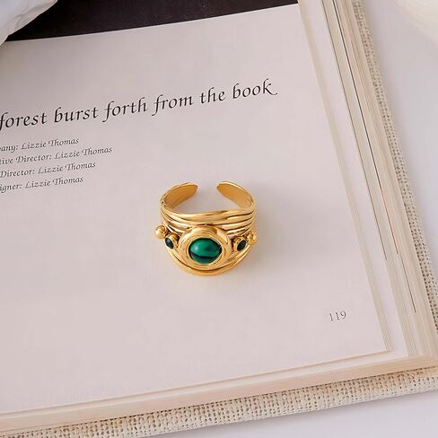 Natural Malachite Stone Ring for Women & Men, 18K Gold Plated Stainless Steel Vintage Chunky Ring, Green Gemstone Statement Jewelry in Saudi Arabia