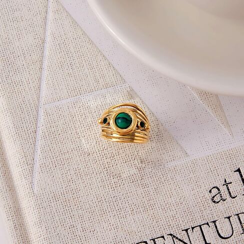 Natural Malachite Stone Ring for Women & Men, 18K Gold Plated Stainless Steel Vintage Chunky Ring, Green Gemstone Statement Jewelry in Saudi Arabia