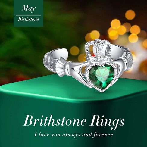 925 Sterling Silver Claddagh Birthstone Rings for Women, Adjustable Irish Celtic Claddagh Ring, Jewelry Gifts for Mother's Day Birthday Christmas in Kuwait