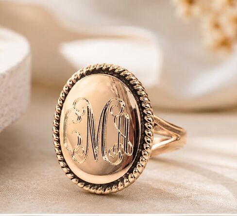 Gold Nautical Rope Monogram Oval Gold over Sterling Silver Ring in Saudi Arabia