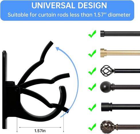 Heavy Duty Adhesive Curtain Rod Brackets, No Drill Wall Mount Holders, Universal Window Rod Hooks, Black, 2 Pack, 30 lb Capacity in Saudi Arabia