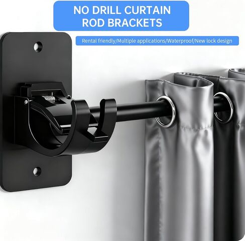 Heavy Duty Adhesive Curtain Rod Brackets, No Drill Wall Mount Holders, Universal Window Rod Hooks, Black, 2 Pack, 30 lb Capacity in Saudi Arabia