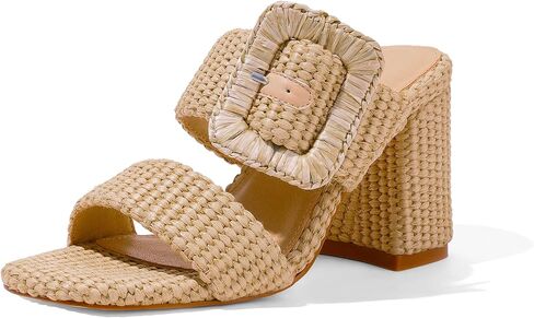 Ancomafio Womens Heeled Sandals Raffia Sandals Square Open Toe Chunky Block Heels Double Strap Summer Dressy Mules Slip On in Saudi Arabia