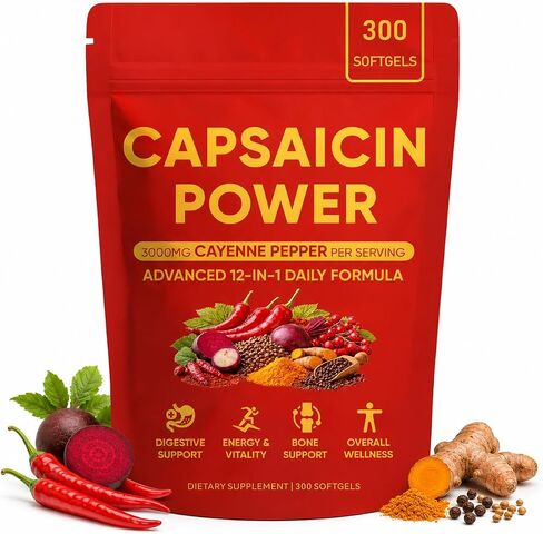 Capsaicin Power - Cayenne Pepper Softgels, Capsaicin Supplements with Vitamin D3 K2, Turmeric, Grape Seed & Beetroot, Supports Leg Vein, Digestive & Gut Health, 300 Capsules in Kuwait