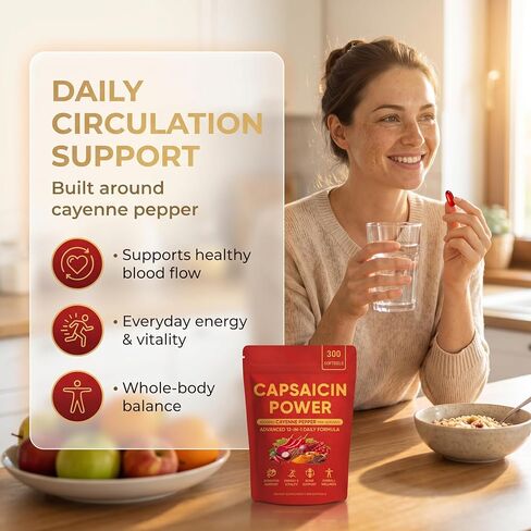 Capsaicin Power - Cayenne Pepper Softgels, Capsaicin Supplements with Vitamin D3 K2, Turmeric, Grape Seed & Beetroot, Supports Leg Vein, Digestive & Gut Health, 300 Capsules in Kuwait