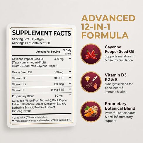 Capsaicin Power - Cayenne Pepper Softgels, Capsaicin Supplements with Vitamin D3 K2, Turmeric, Grape Seed & Beetroot, Supports Leg Vein, Digestive & Gut Health, 300 Capsules in Kuwait