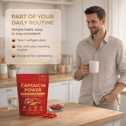 Capsaicin Power - Cayenne Pepper Softgels, Capsaicin Supplements with Vitamin D3 K2, Turmeric, Grape Seed & Beetroot, Supports Leg Vein, Digestive & Gut Health, 300 Capsules in Kuwait
