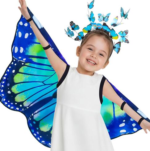iROLWIN Double Sided Kids Butterfly Wings for Toddler Girls Fairy Dress Up Costume Butterfly Cape Headband Halloween Gifts in Kuwait
