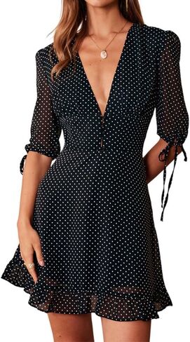 RIHOAS Women's Polka Dot Mini Dress - Deep V Neck High Waisted A-Line Dress with Ruched & Flounce in Kuwait