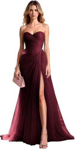 Tulle Prom Dresses for Teens Strapless A Line Pleated Ball Gown Long Formal Evening Dress with Slit HX067 in Saudi Arabia