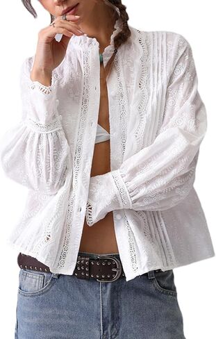 Womens Lace Embroidered Eyelet Cutout Shirt Summer Casual Long Sleeve Slim Fit Blouses Crewneck Tops in Saudi Arabia