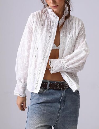 Womens Lace Embroidered Eyelet Cutout Shirt Summer Casual Long Sleeve Slim Fit Blouses Crewneck Tops in Saudi Arabia