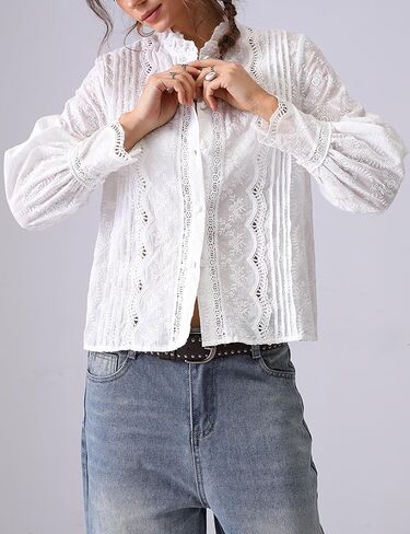 Womens Lace Embroidered Eyelet Cutout Shirt Summer Casual Long Sleeve Slim Fit Blouses Crewneck Tops in Saudi Arabia