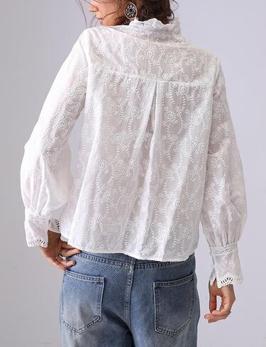 Womens Lace Embroidered Eyelet Cutout Shirt Summer Casual Long Sleeve Slim Fit Blouses Crewneck Tops in Saudi Arabia