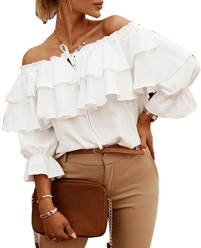 Women Off Shoulder Blouse Layered Ruffle Long Sleeve Ruched Bust Loose Pure Color Top for Lady (XXL) White in Saudi Arabia