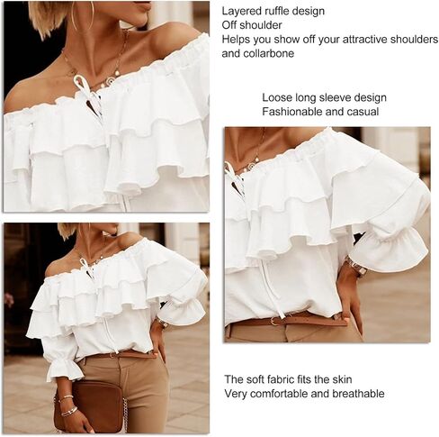 Women Off Shoulder Blouse Layered Ruffle Long Sleeve Ruched Bust Loose Pure Color Top for Lady (XXL) White in Saudi Arabia