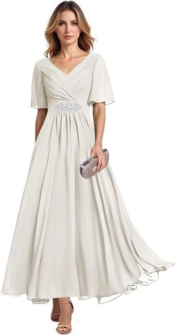 Long Chiffon Mother of The Bride Dresses for Women A Line Beaded V Neck Formal Evening Gown HX039 in Saudi Arabia