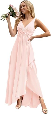 Jicht Women’s Long Bridesmaid Dresses V Neck Chiffon Formal Wedding Guest Dress with Slit JAC30 in Saudi Arabia