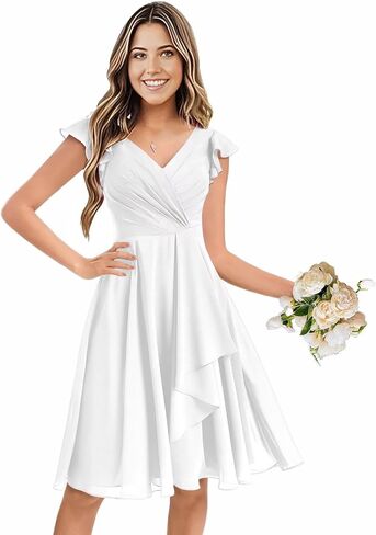 Short Flutter Sleeve Bridesmaid Dress for Women Ruched Chiffon A-Line Formal Cocktail Gowns with Pockets Ruffle in Saudi Arabia