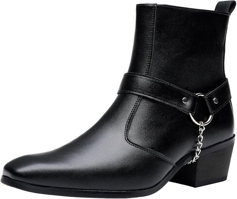 Men's Harness Boot, Ankle Boots Western Style Biker Boot Chunky Heel with Strap & Chain,Side Zipper for Casual Formal Black in Saudi Arabia